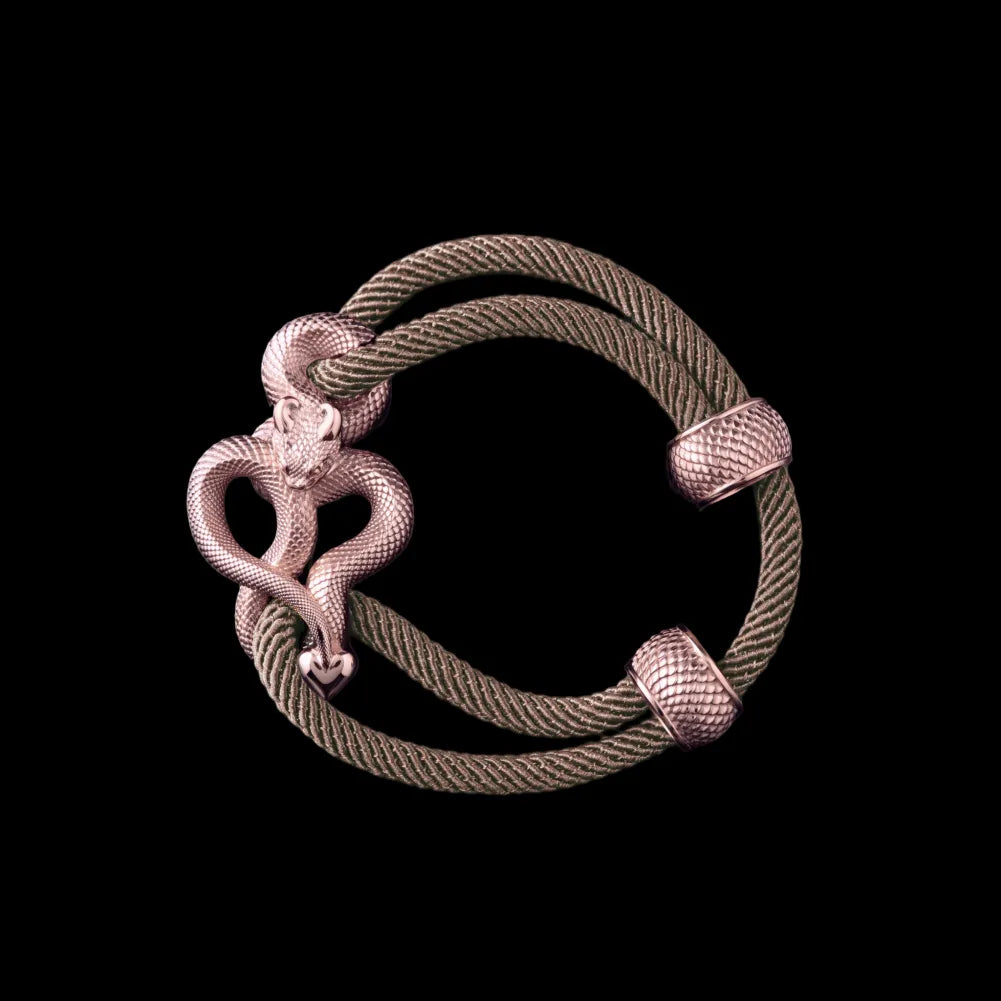 Demon Serpent Rope Bracelet 14K Rose Gold 4mm Milan Rope Camel Black Background