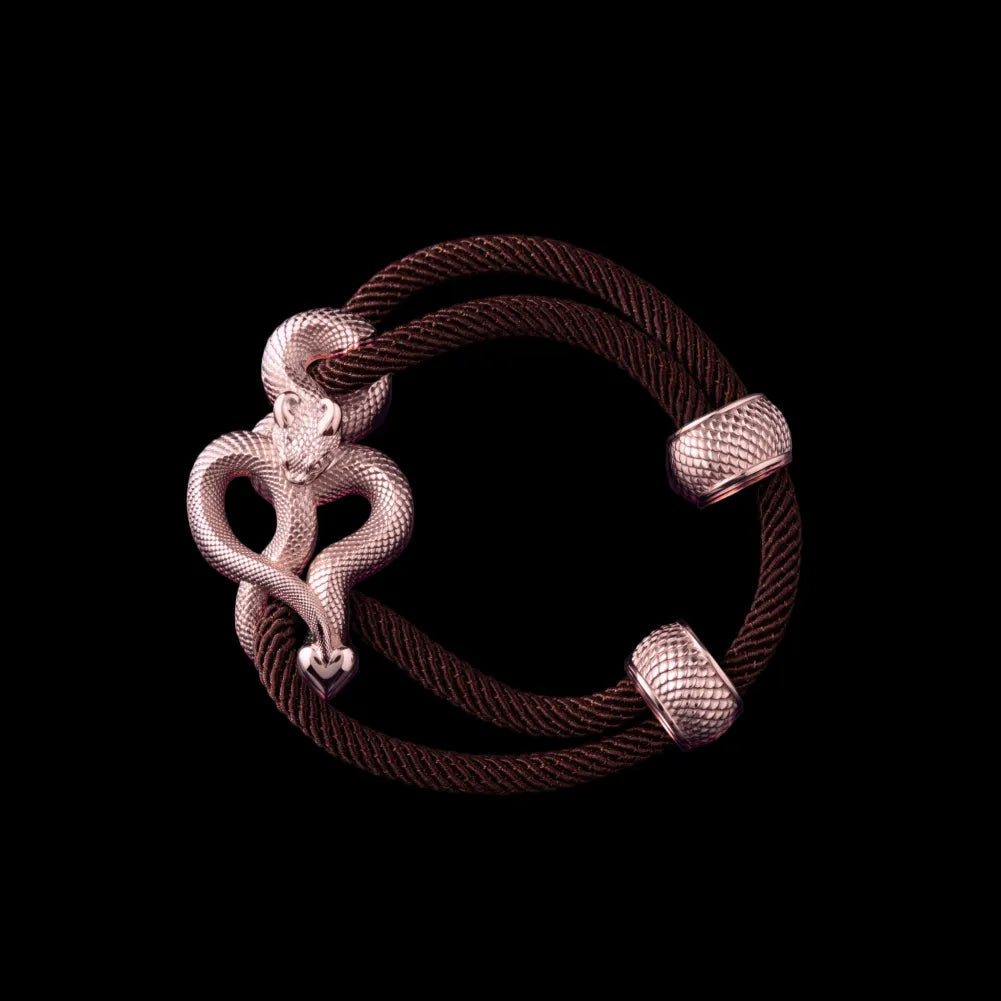 Demon Serpent Rope Bracelet 14K Rose Gold 4mm Milan Rope Coffee Black Background