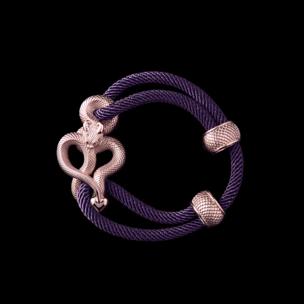 Demon Serpent Rope Bracelet 14K Rose Gold 4mm Milan Rope Purple Black Background