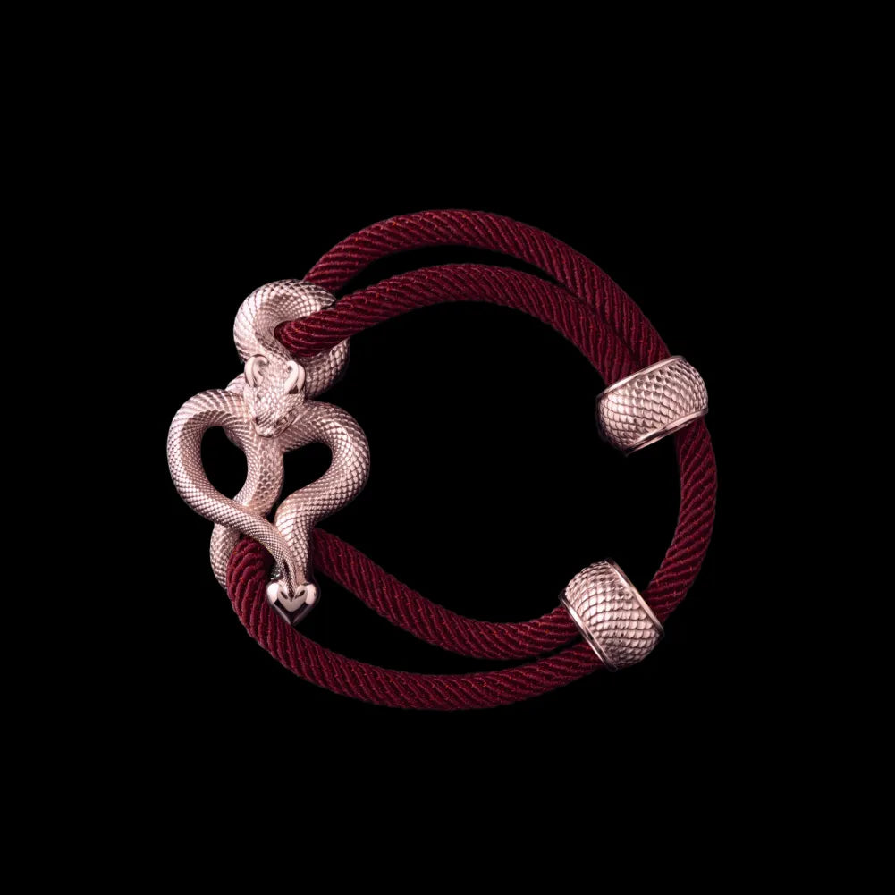 Demon Serpent Rope Bracelet 14K Rose Gold 4mm Milan Rope Red Velvet Black Background