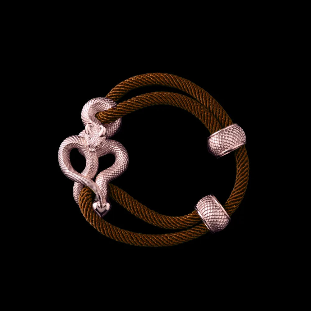 Demon Serpent Rope Bracelet 14K Rose Gold 4mm Milan Rope Reddish Brown Black Background