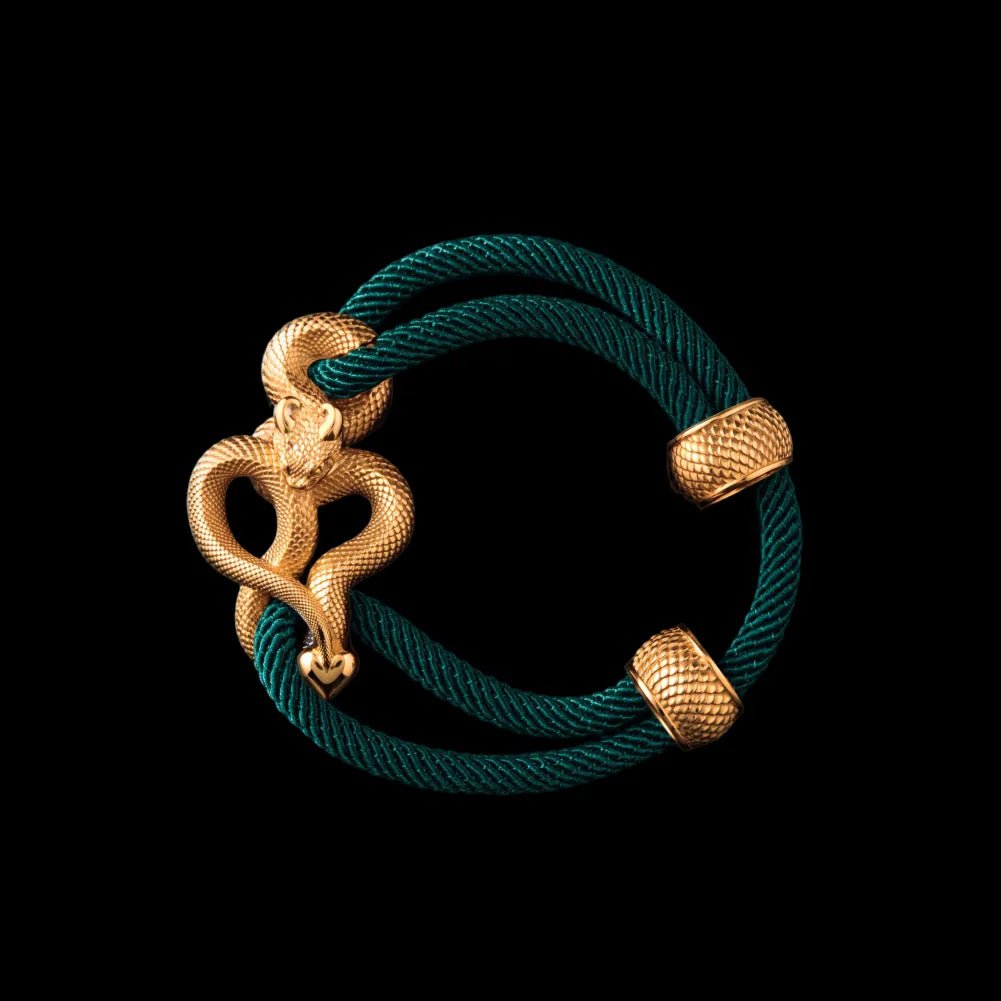 Demon Serpent Rope Bracelet 18K GP 4mm Milan Rope Dark Green Black Background