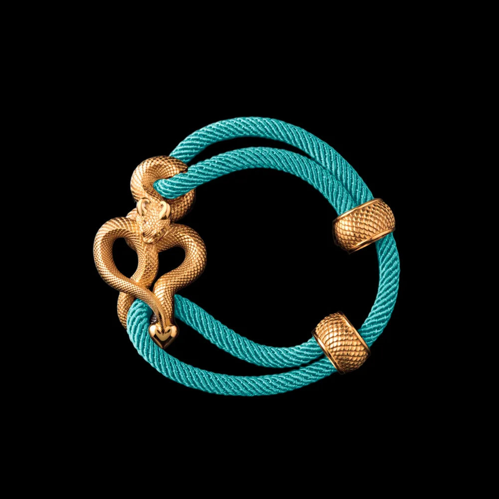 Demon Serpent Rope Bracelet 18K GP 4mm Milan Rope Light Blue Black Background