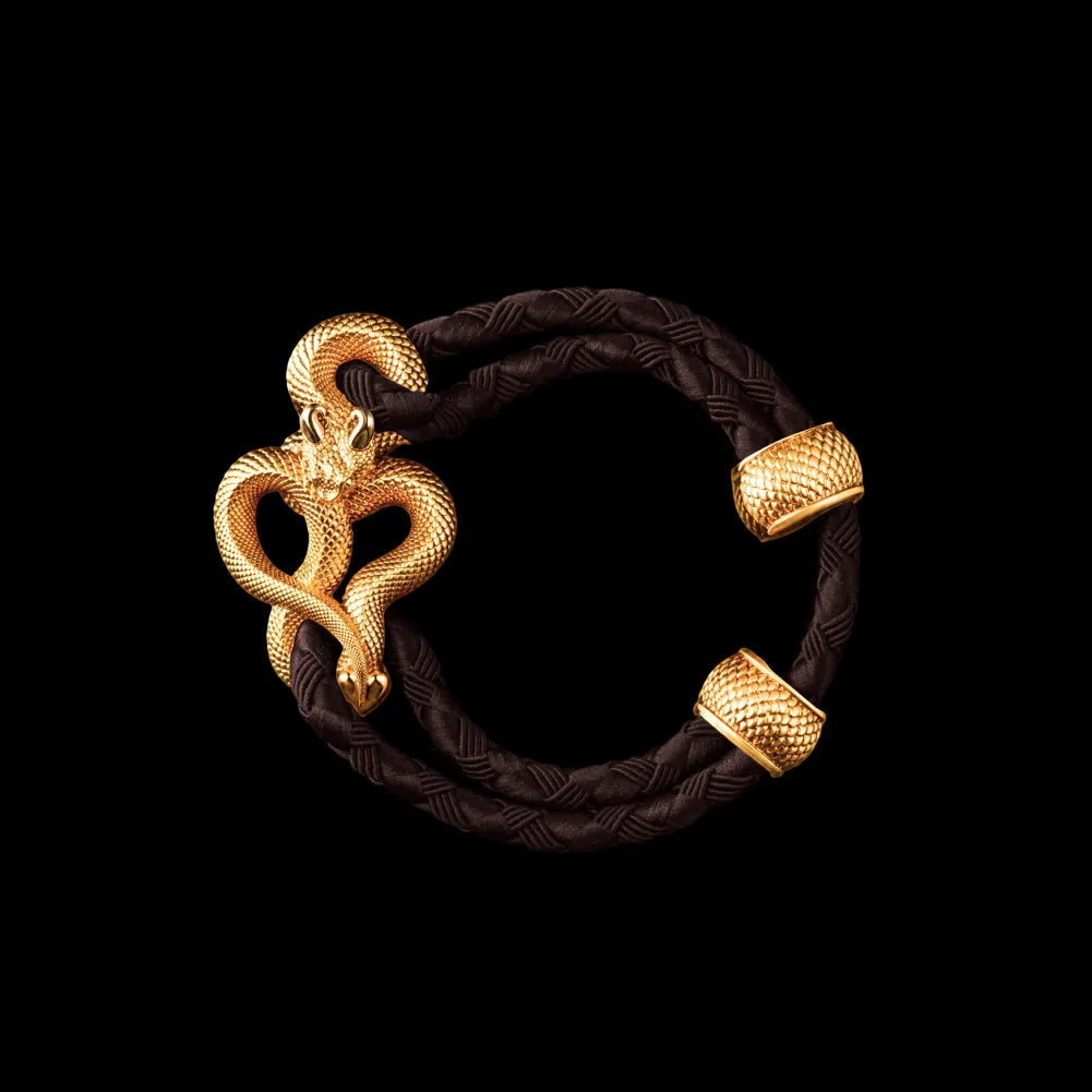 Demon Serpent Rope Bracelet 18K Gold 4mm Braided Rope Deep Coffee Black Background