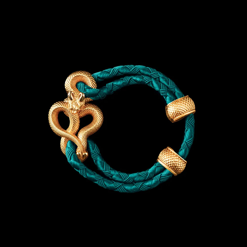 Demon Serpent Rope Bracelet 18K Gold 4mm Braided Rope Light Ink Green Black Background