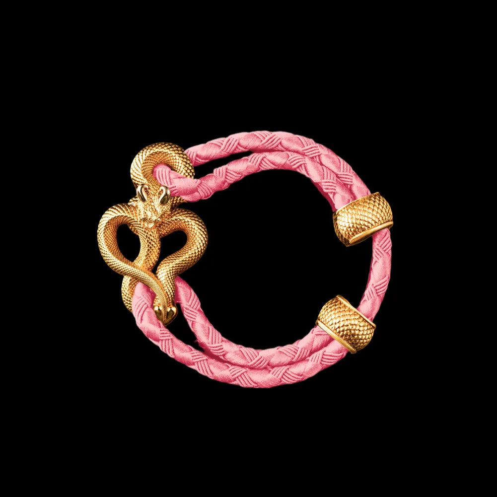 Demon Serpent Rope Bracelet 18K Gold 4mm Braided Rope Light Pink Black Background