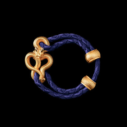 Demon Serpent Rope Bracelet 18K Gold 4mm Braided Rope Vivid Blue Black Background
