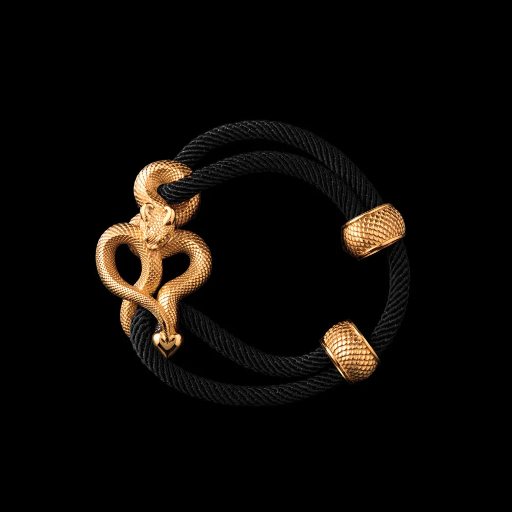 Demon Serpent Rope Bracelet 18K Gold 4mm Milan Rope Black Black Background