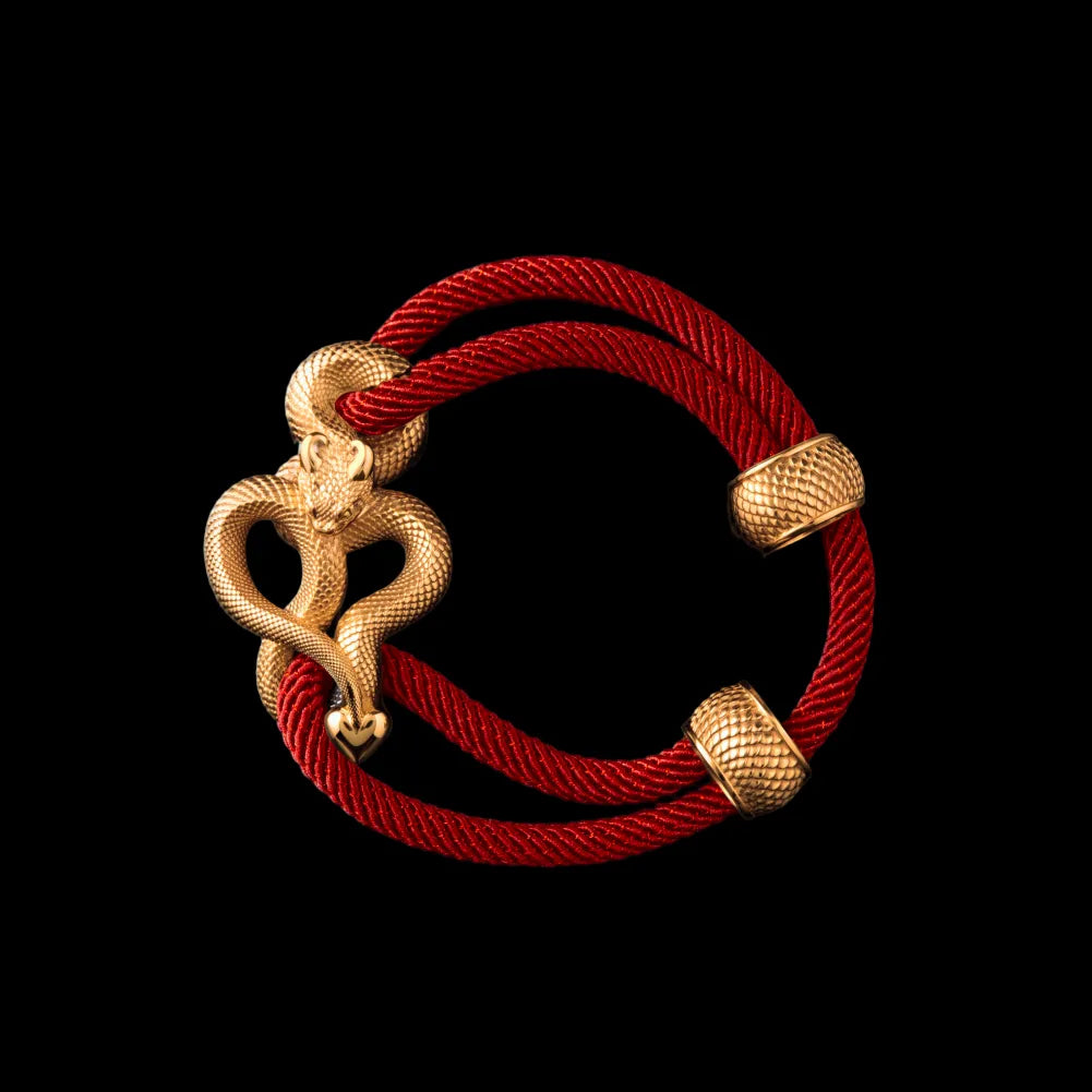 Demon Serpent Rope Bracelet 18K Gold 4mm Milan Rope Fiery Red Black Background