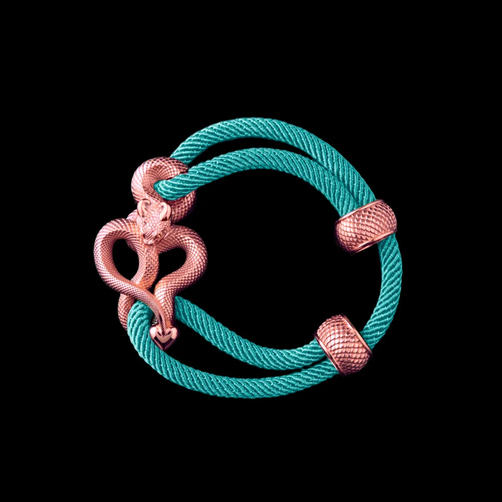 Demon Serpent Rope Bracelet 18K RGP 4mm Milan Rope Light Blue Black Background
