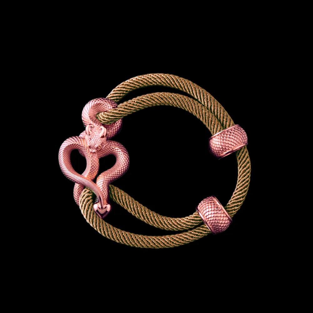 Demon Serpent Rope Bracelet 18K RGP 4mm Milan Rope Light Khaki Black Background