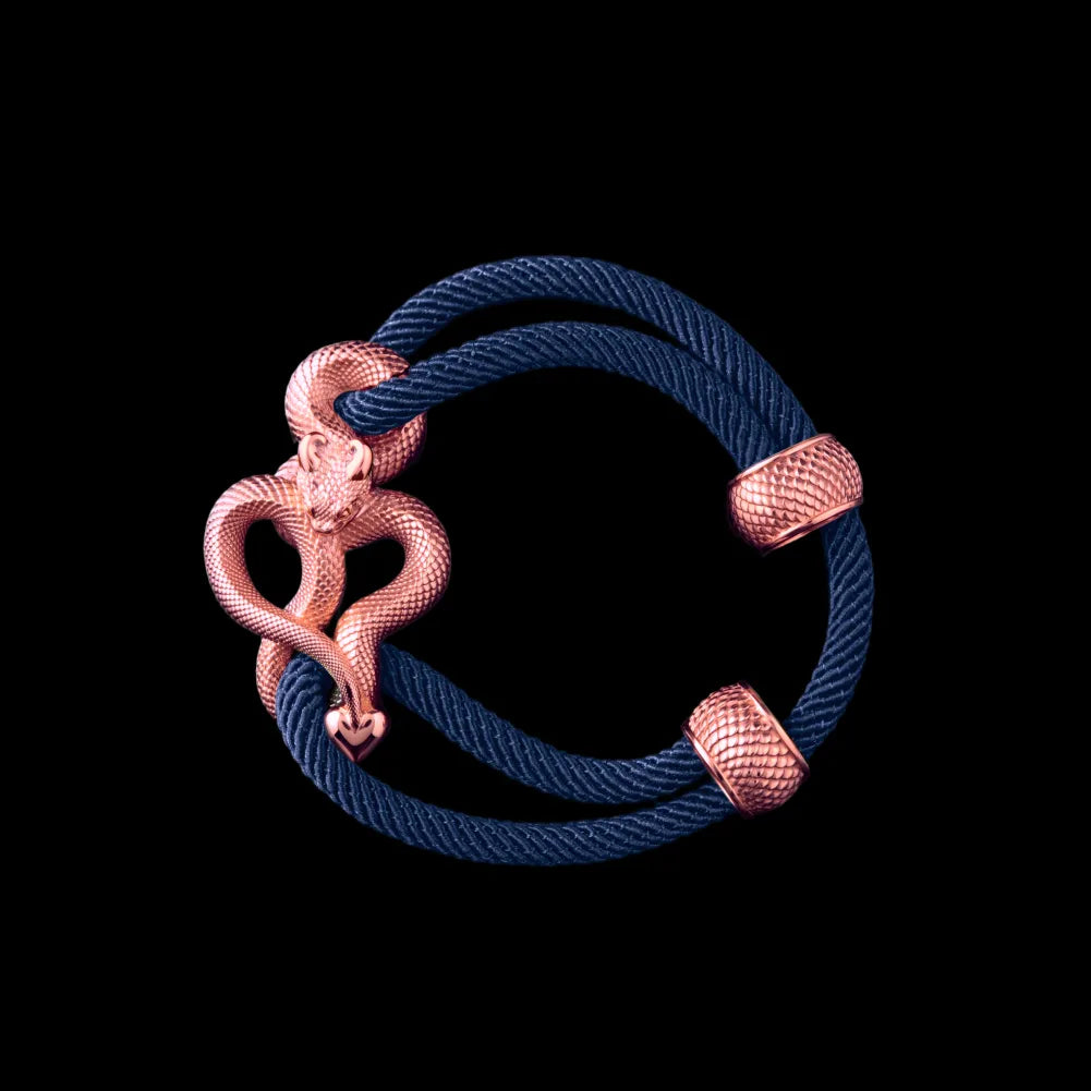 Demon Serpent Rope Bracelet 18K RGP 4mm Milan Rope Navy Blue Black Background