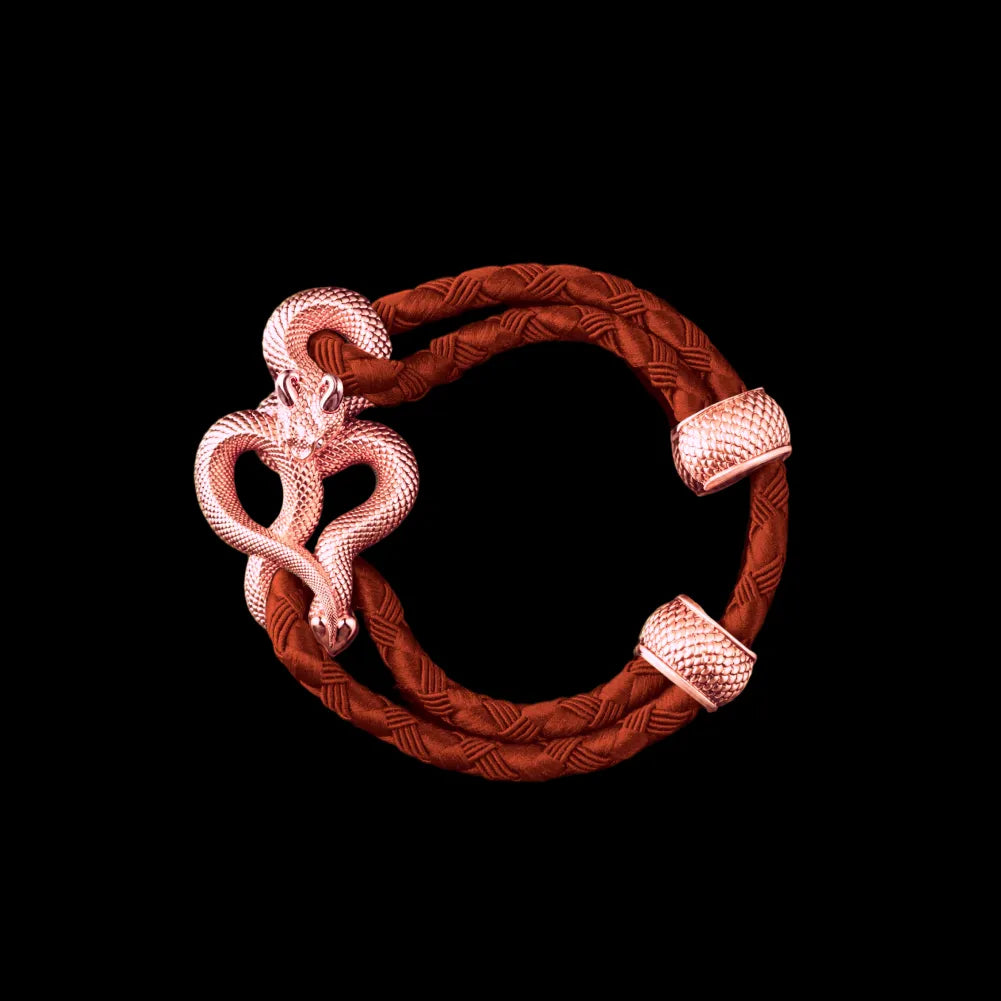 Demon Serpent Rope Bracelet 18K Rose Gold 4mm Braided Rope Deep Orange Black Background