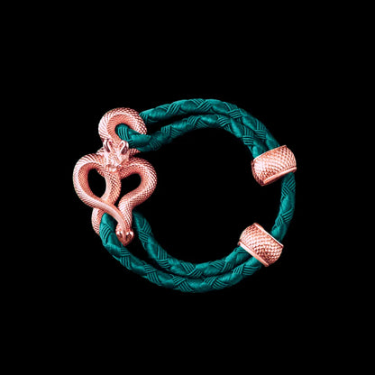 Demon Serpent Rope Bracelet 18K Rose Gold 4mm Braided Rope Light Ink Green Black Background