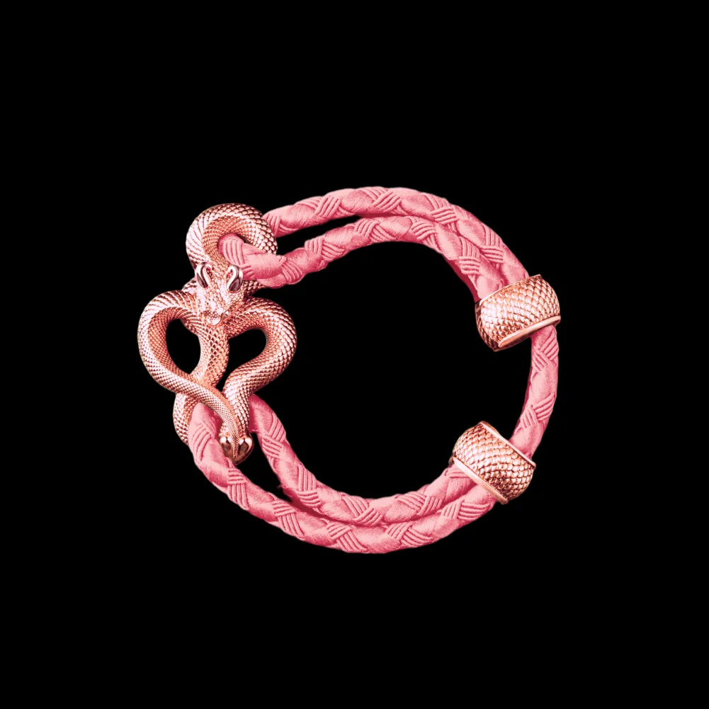 Demon Serpent Rope Bracelet 18K Rose Gold 4mm Braided Rope Light Pink Black Background
