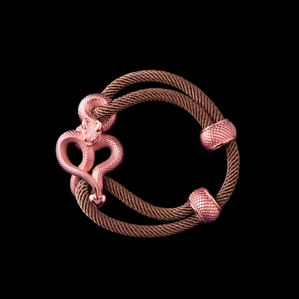 Demon Serpent Rope Bracelet 18K Rose Gold 4mm Milan Rope Apricot Black Background