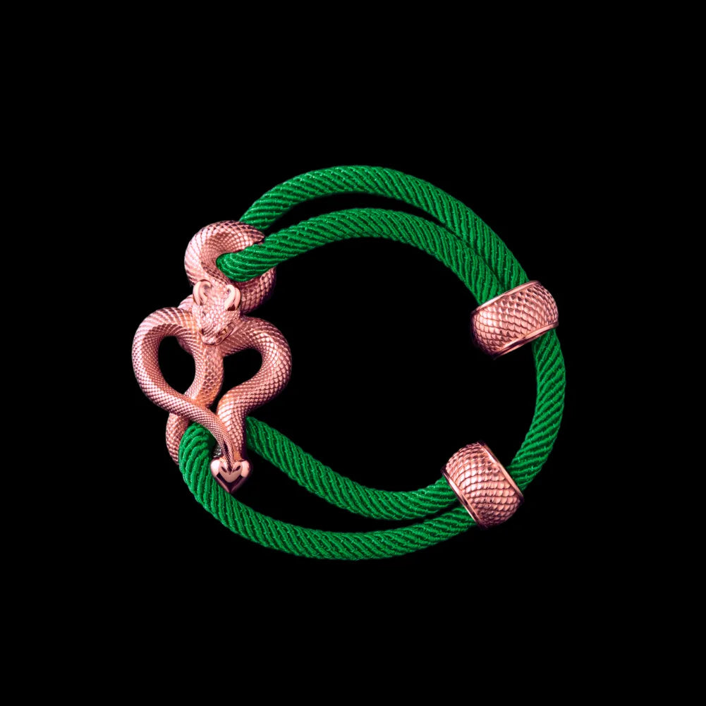 Demon Serpent Rope Bracelet 18K Rose Gold 4mm Milan Rope Green Black Background