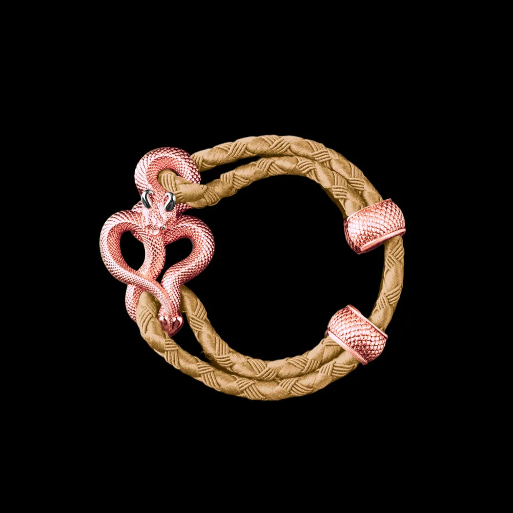 Demon Serpent Rope Bracelet 18K Rose Gold Plated Copper 18K White Gold Plated Silver 4mm Braided Rope Beige Black Background
