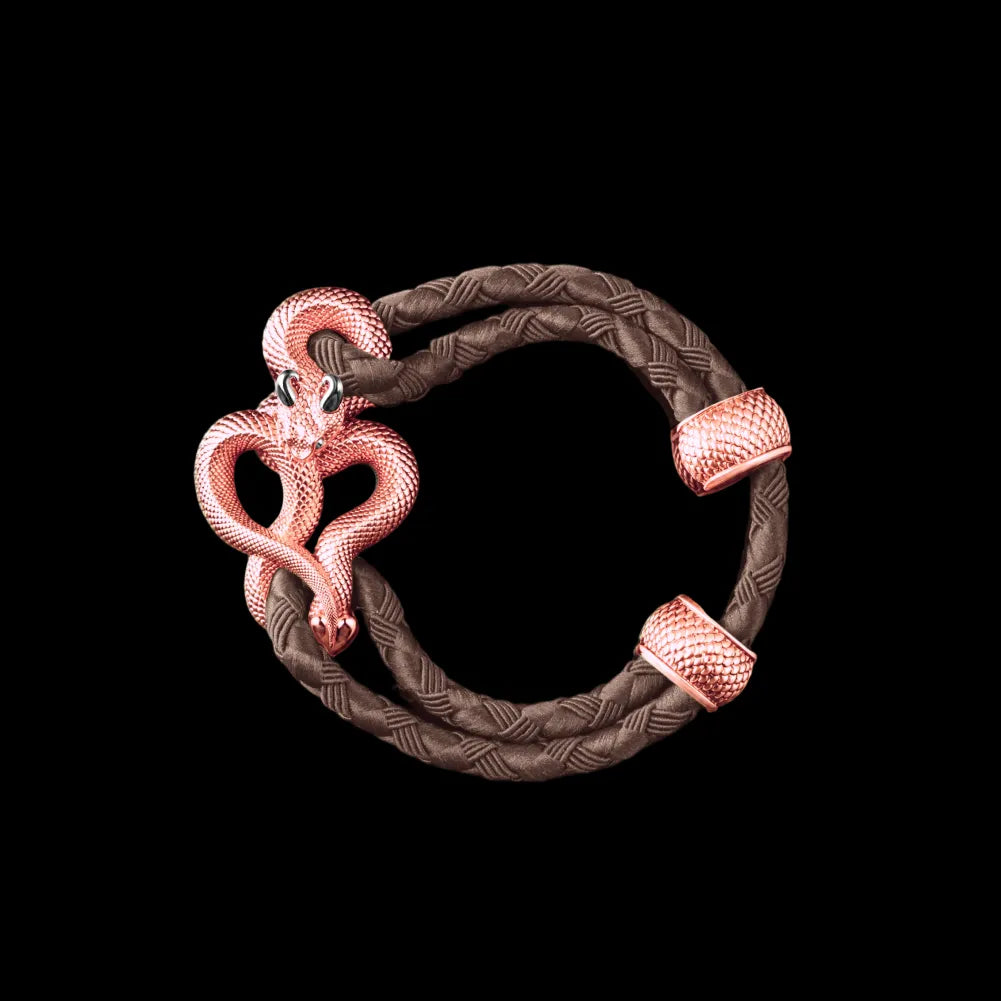 Demon Serpent Rope Bracelet 18K Rose Gold Plated Copper 18K White Gold Plated Silver 4mm Braided Rope Dark Brown Black Background