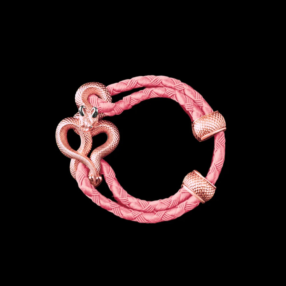 Demon Serpent Rope Bracelet 18K Rose Gold Plated Copper 18K White Gold Plated Silver 4mm Braided Rope Light Pink Black Background