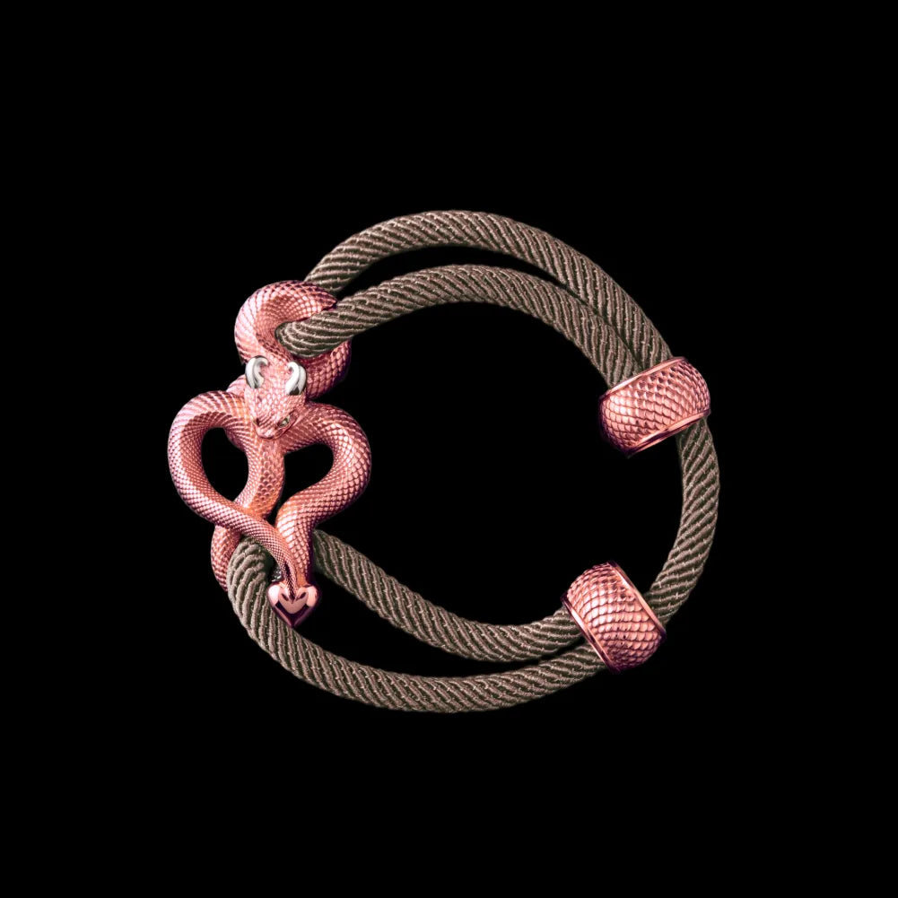 Demon Serpent Rope Bracelet 18K Rose Gold Plated Copper 18K White Gold Plated Silver 4mm Milan Rope Camel Black Background