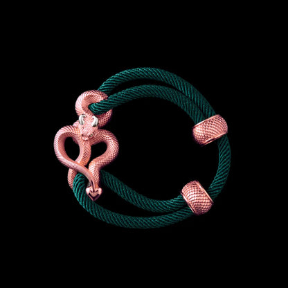 Demon Serpent Rope Bracelet 18K Rose Gold Plated Copper 18K White Gold Plated Silver 4mm Milan Rope Dark Green Black Background