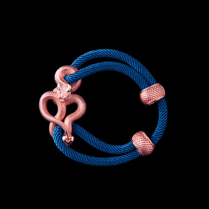 Demon Serpent Rope Bracelet 18K Rose Gold Plated Copper 18K White Gold Plated Silver 4mm Milan Rope Indigo Black Background