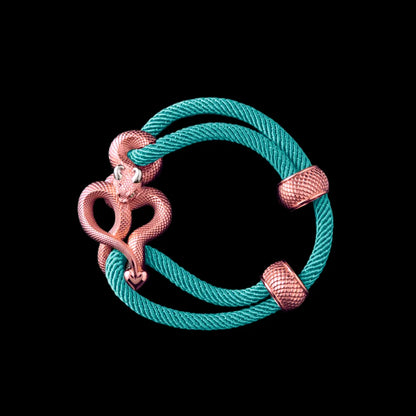 Demon Serpent Rope Bracelet 18K Rose Gold Plated Copper 18K White Gold Plated Silver 4mm Milan Rope Light Blue Black Background