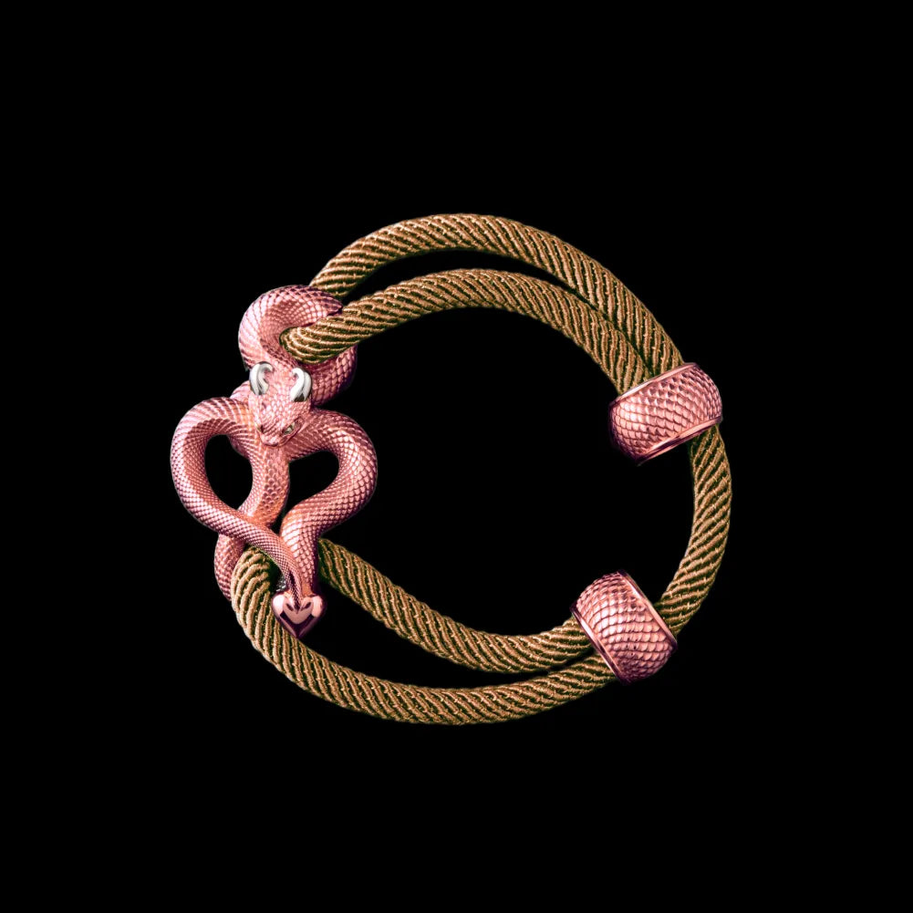 Demon Serpent Rope Bracelet 18K Rose Gold Plated Copper 18K White Gold Plated Silver 4mm Milan Rope Light Khaki Black Background
