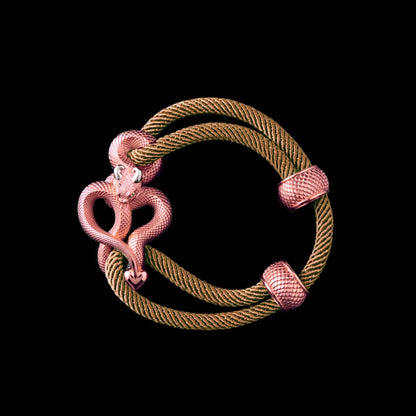 Demon Serpent Rope Bracelet 18K Rose Gold Plated Copper 18K White Gold Plated Silver 4mm Milan Rope Light Khaki Black Background