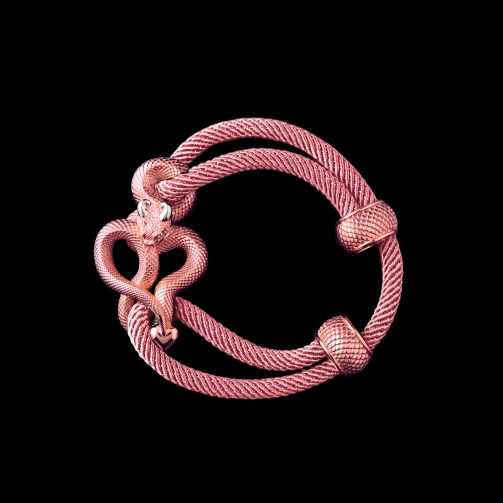 Demon Serpent Rope Bracelet 18K Rose Gold Plated Copper 18K White Gold Plated Silver 4mm Milan Rope Strawberry Cream Black Background