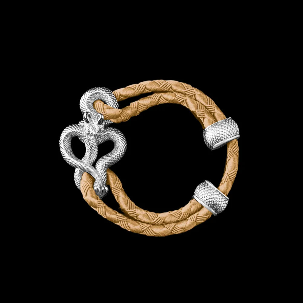 Demon Serpent Rope Bracelet 18K White Gold 4mm Braided Rope Beige Black Background