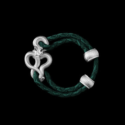 Demon Serpent Rope Bracelet 18K White Gold 4mm Braided Rope Dark Green Black Background