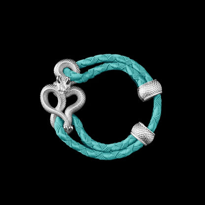 Demon Serpent Rope Bracelet 18K White Gold 4mm Braided Rope Light Blue Black Background