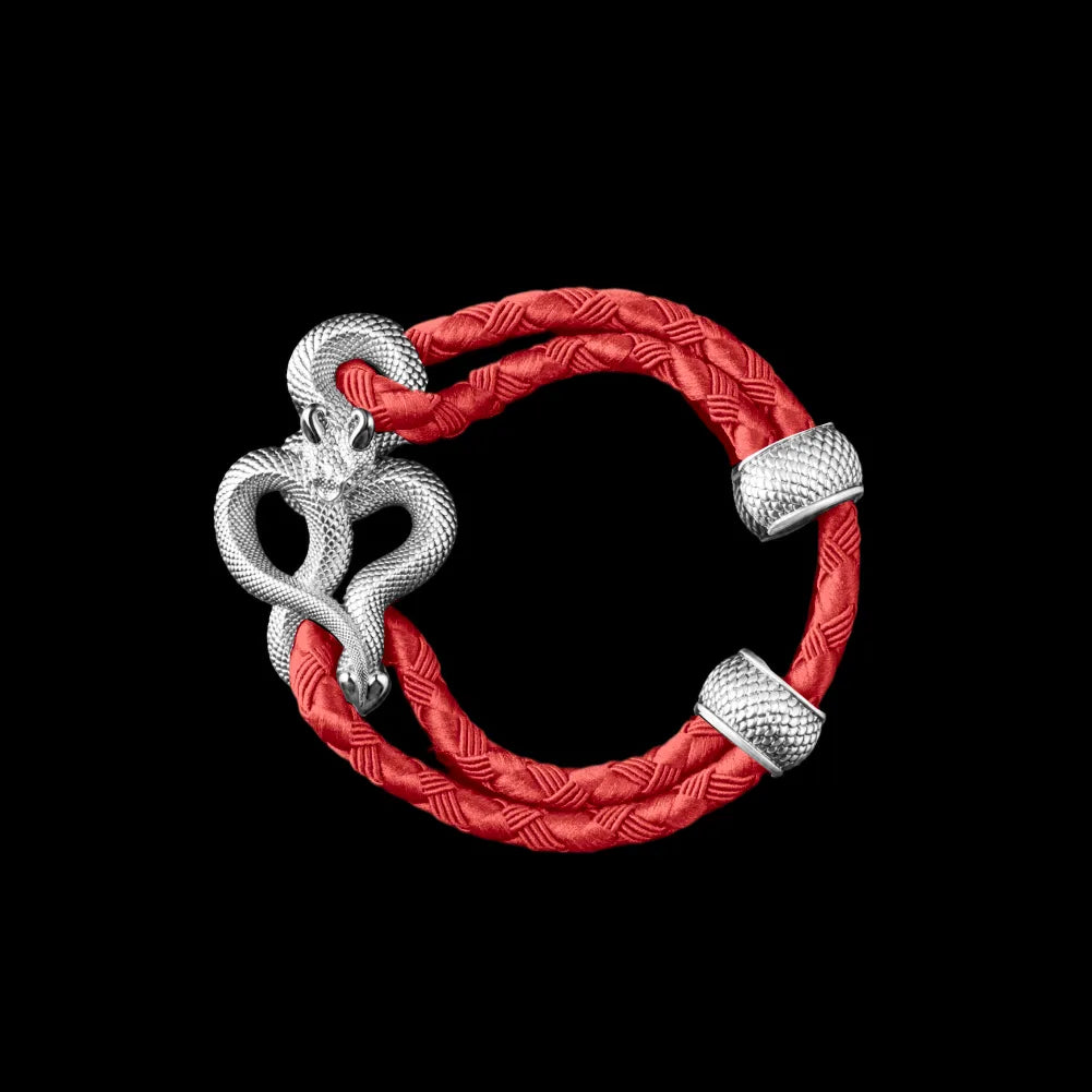 Demon Serpent Rope Bracelet 18K White Gold 4mm Braided Rope Watermelon Red Black Background