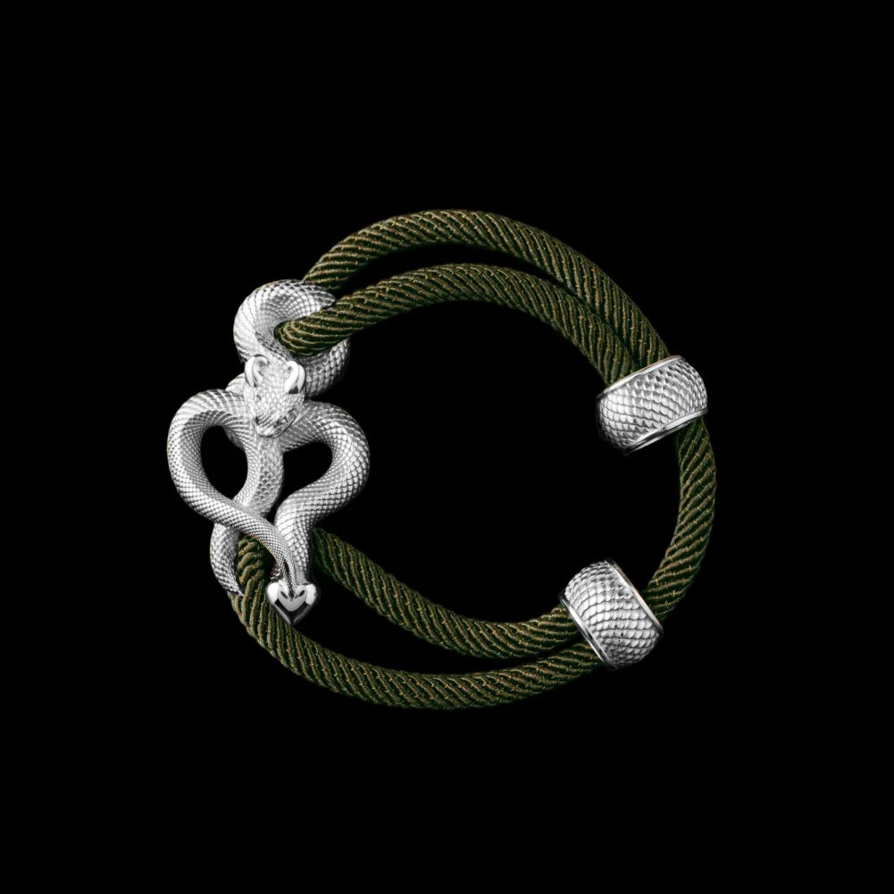 Demon Serpent Rope Bracelet 18K White Gold 4mm Milan Rope Army Green Black Background