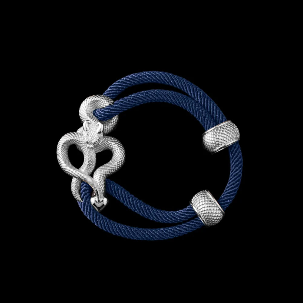 Demon Serpent Rope Bracelet 18K White Gold 4mm Milan Rope Navy Blue Black Background