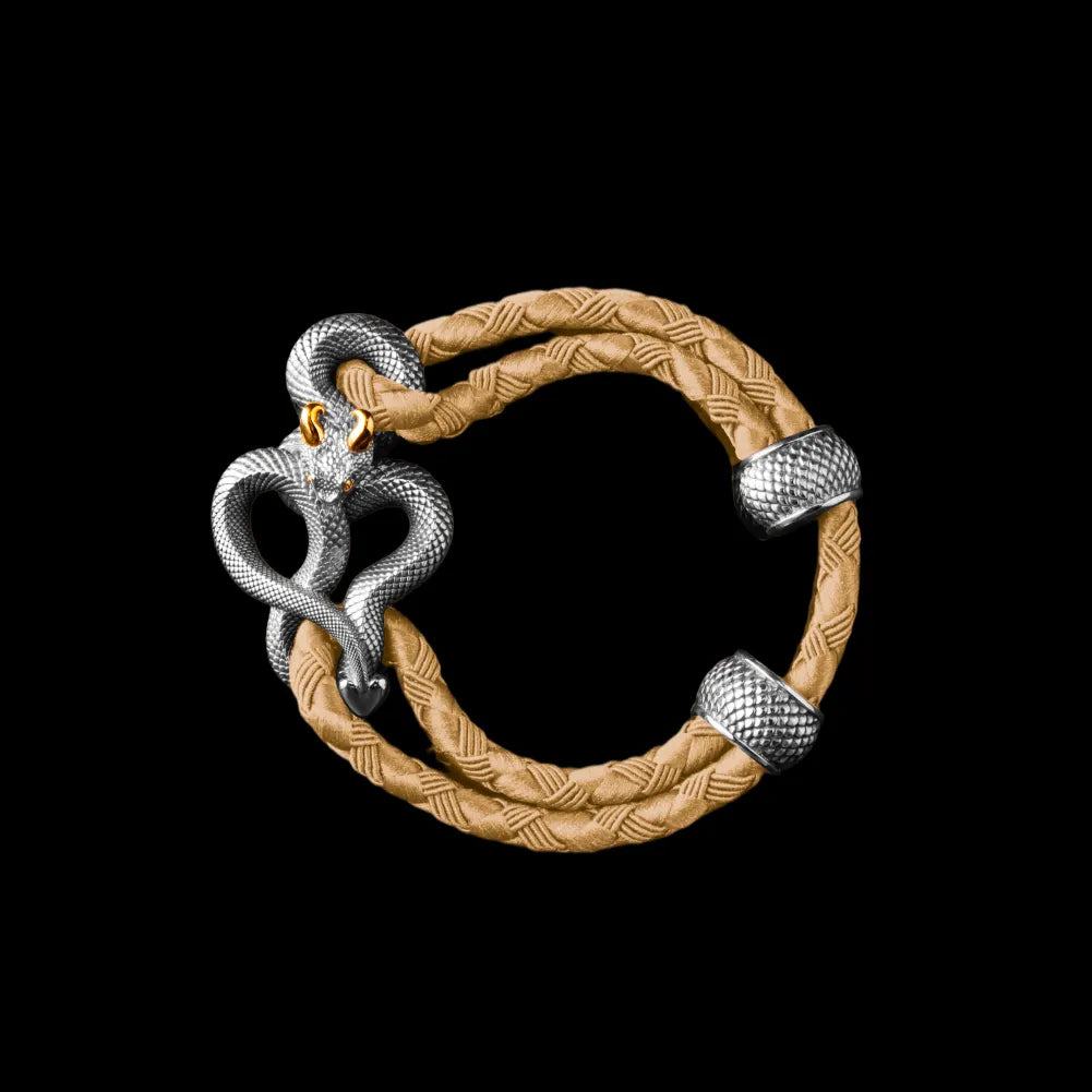 Demon Serpent Rope Bracelet 18K White Gold Plated White Bronze 24K Gold Plated Silver 4mm Braided Rope Beige Black Background