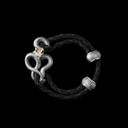 Demon Serpent Rope Bracelet 18K White Gold Plated White Bronze 24K Gold Plated Silver 4mm Braided Rope Black Black Background