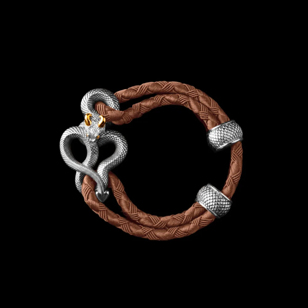 Demon Serpent Rope Bracelet 18K White Gold Plated White Bronze 24K Gold Plated Silver 4mm Braided Rope Dark Beige Black Background