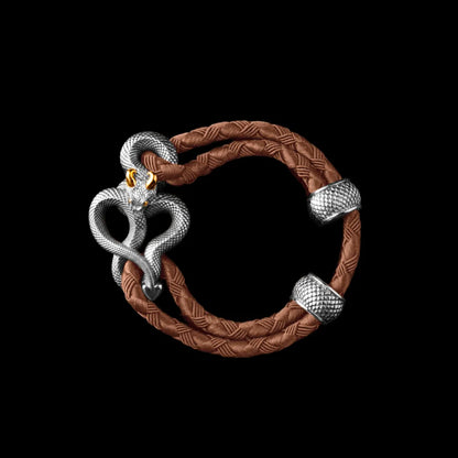 Demon Serpent Rope Bracelet 18K White Gold Plated White Bronze 24K Gold Plated Silver 4mm Braided Rope Dark Beige Black Background