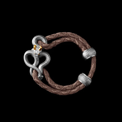 Demon Serpent Rope Bracelet 18K White Gold Plated White Bronze 24K Gold Plated Silver 4mm Braided Rope Dark Brown Black Background