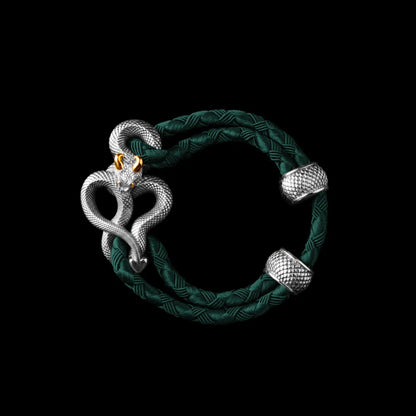 Demon Serpent Rope Bracelet 18K White Gold Plated White Bronze 24K Gold Plated Silver 4mm Braided Rope Dark Green Black Background
