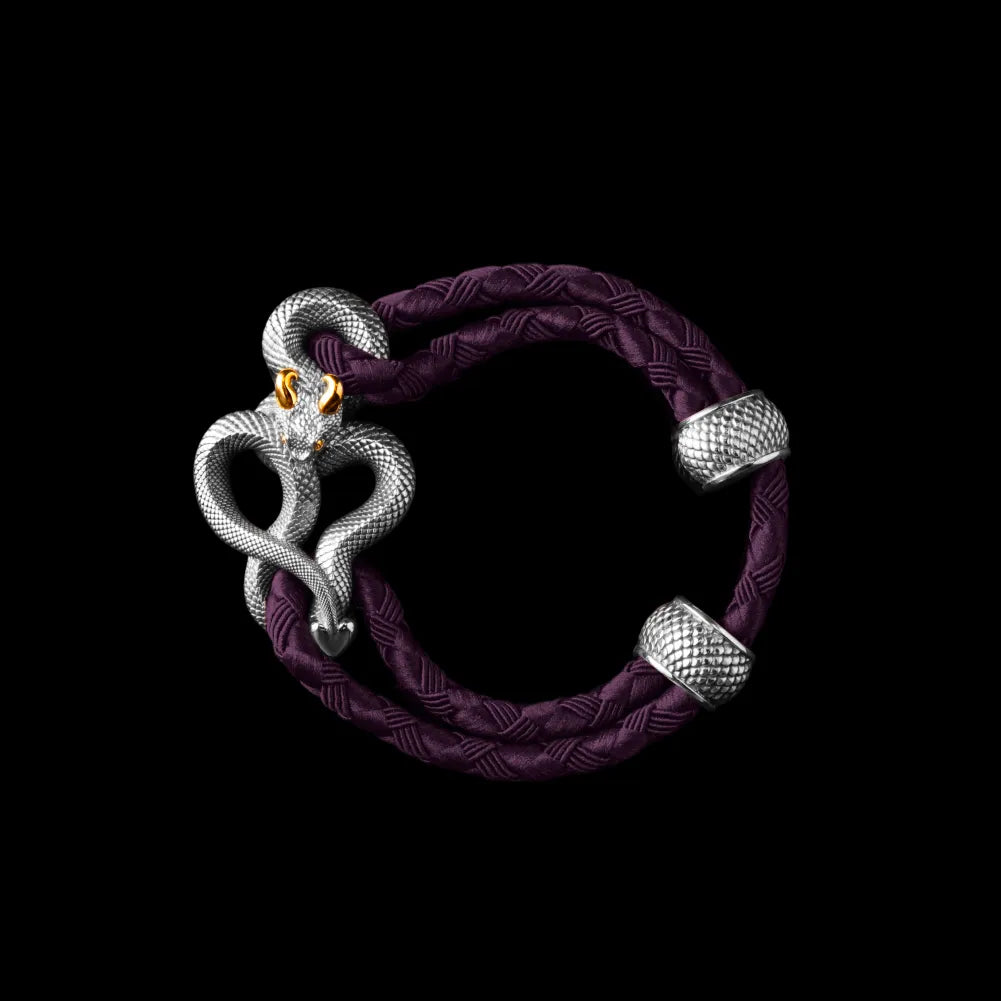 Demon Serpent Rope Bracelet 18K White Gold Plated White Bronze 24K Gold Plated Silver 4mm Braided Rope Dark Purple Black Background