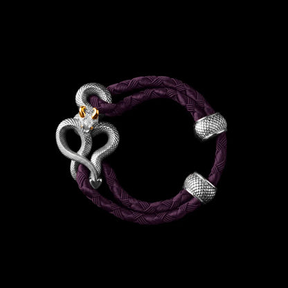 Demon Serpent Rope Bracelet 18K White Gold Plated White Bronze 24K Gold Plated Silver 4mm Braided Rope Dark Purple Black Background