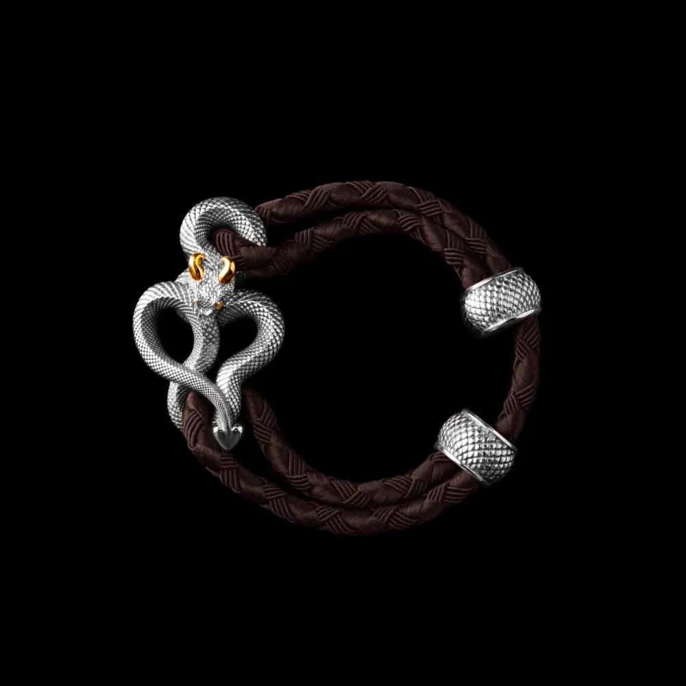 Demon Serpent Rope Bracelet 18K White Gold Plated White Bronze 24K Gold Plated Silver 4mm Braided Rope Deep Coffee Black Background
