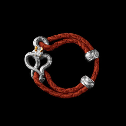 Demon Serpent Rope Bracelet 18K White Gold Plated White Bronze 24K Gold Plated Silver 4mm Braided Rope Deep Orange Black Background