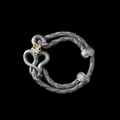 Demon Serpent Rope Bracelet 18K White Gold Plated White Bronze 24K Gold Plated Silver 4mm Braided Rope Gray Black Background