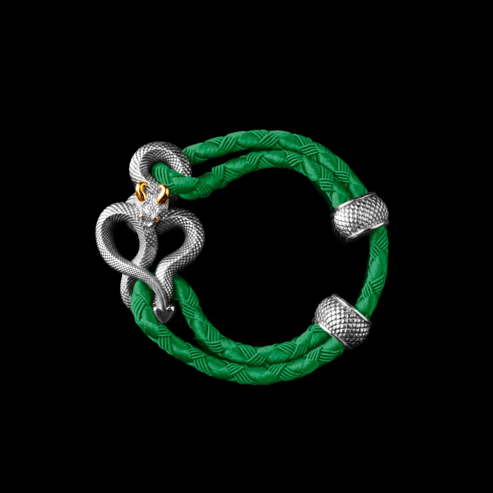 Demon Serpent Rope Bracelet 18K White Gold Plated White Bronze 24K Gold Plated Silver 4mm Braided Rope Green Black Background