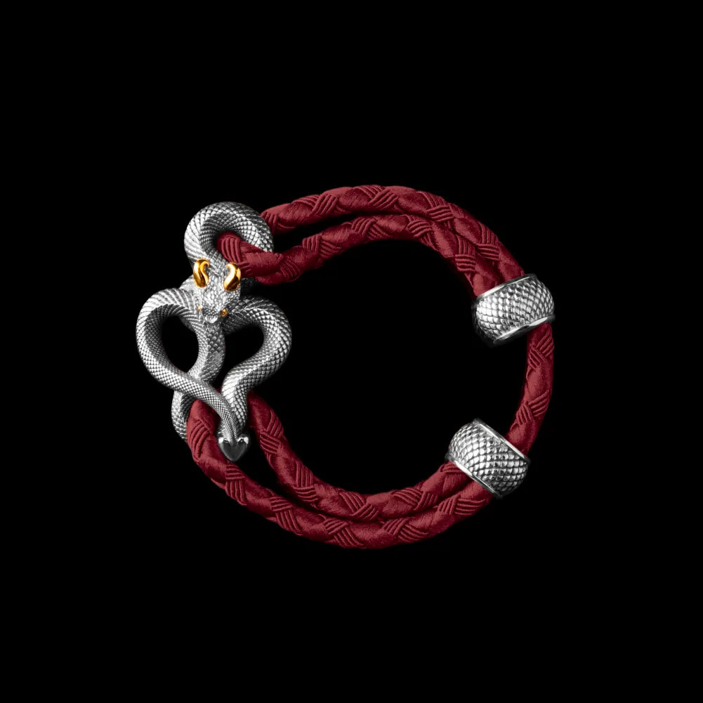 Demon Serpent Rope Bracelet 18K White Gold Plated White Bronze 24K Gold Plated Silver 4mm Braided Rope Jujube Red Black Background